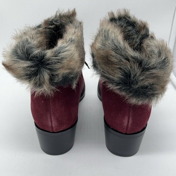 Sporto Holly Suede Boot Bootie Faux Fur Trim Burgundy Lace Up Block Heel 9 wide - Picture 6 of 12